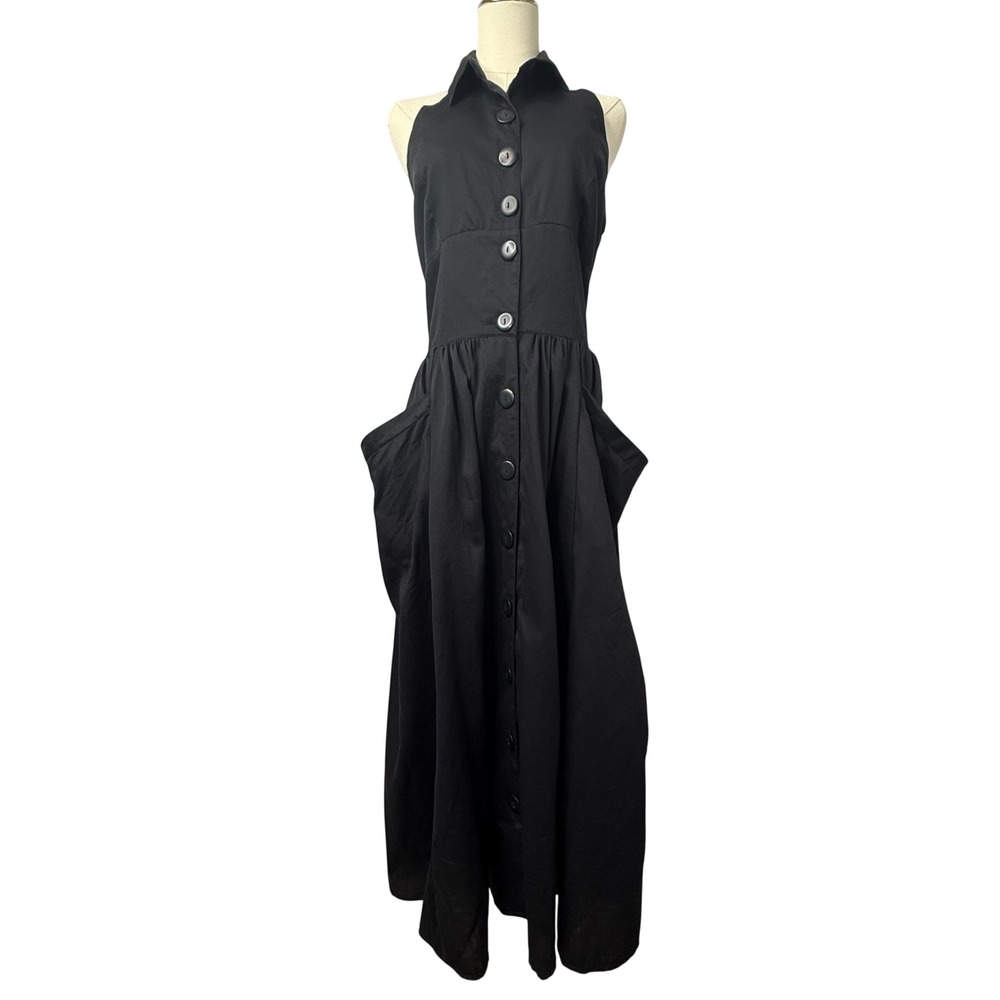 Vintage Esprit Collection Black Cotton Halter Button Front Midi Dress Pockets 12